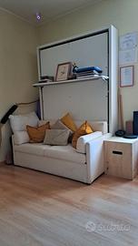 Divano letto a scomparsa a muro in libreria.