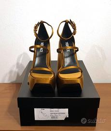 Sandali con tacco zeppa, raso, pelle, Versace, 38