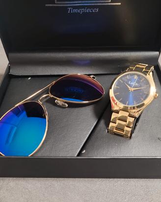 Set uomo orologio dorato e occhiali da sole 