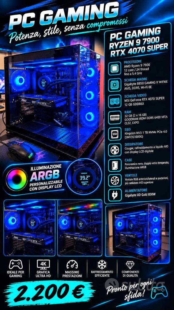 PC GAMING RYZEN 9 7900 RTX 4070 SUPER 12GB - Informatica In vendita a ...