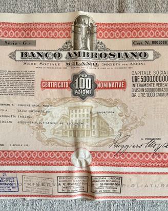 Certificato Azionario Storico Banco Ambrosiano