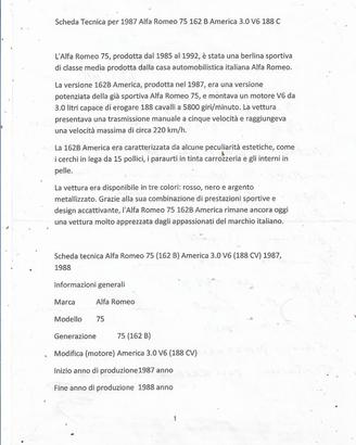 SCHEDA TECNICA PER 1987 ALFA ROMEO 75 162 B AMERIC