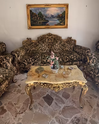 Salotto completo stile Luigi XV in velluto e oro