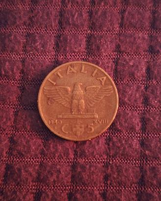Moneta da 5 centesimi del 1940 Vitt. Em. Iii