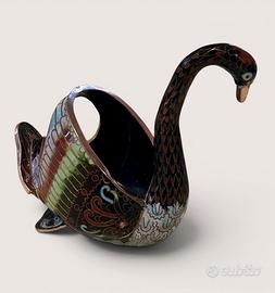 Portapenne Cigno Vintage Cloisonné Rame Smaltato