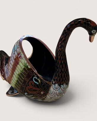 Portapenne Cigno Vintage Cloisonné Rame Smaltato