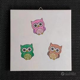 Quadretto Piastrella Gufi Colorati Kawaii Handmade