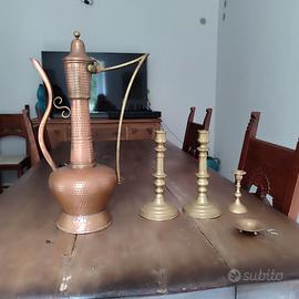 Teiera in rame e candelabri ottone