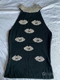 Top in cotone con paillettes in argento