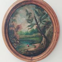 DIPINTO OLIO SU TELA OVALE - PESCATORE NEL BOSCO