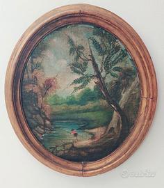 DIPINTO OLIO SU TELA OVALE - PESCATORE NEL BOSCO