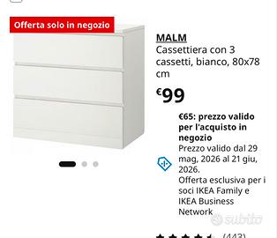 Cassettiera MALM IKEA bianca 3 cassetti 80x78