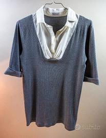 Brunello Cucinelli Maglia Grigia Inserti Bianchi