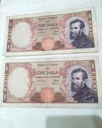 2 banconote da lire Diecimila Michelangelo 1973