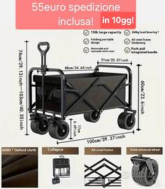 Carrello spiaggia campeggio, ruote larghe. Nuovo