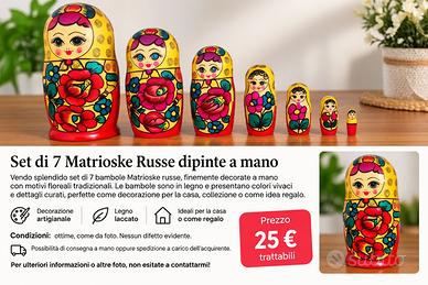 Set di 7 Matrioske russe dipinte a mano.