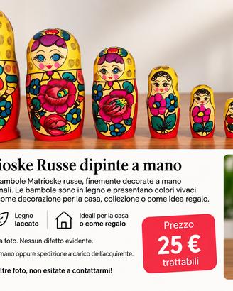 Set di 7 Matrioske russe dipinte a mano.