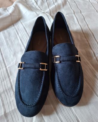 Navy Blue Suede Loafers with Gold Buckle Detail