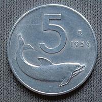 Moneta da 5 Lire Delfino 1954
