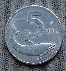 Moneta da 5 Lire Delfino 1954