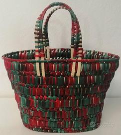 Borsa da spiaggia in paglia rossa e verde - Nuova!