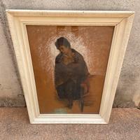 Dipinto antico carboncino pastello cornice ritratt