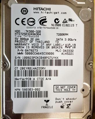 HARD DISK HITACHI 320GB SATA 3Gb/s 2.5" 