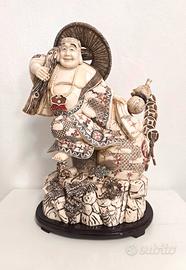 STATUETTA OKIMONO IN OSSO HOTEI BUDAI DECORAZIONI