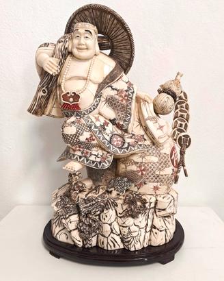 STATUETTA OKIMONO IN OSSO HOTEI BUDAI DECORAZIONI