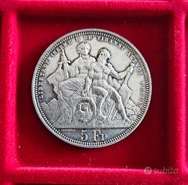 Moneta Argento 5 Fr.  Svizzera 1883 Festival tiro