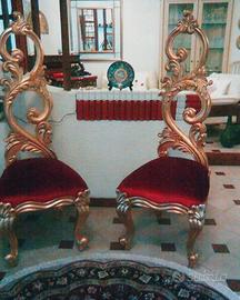 2 Poltrone trono barocco velluto rosso foglia oro