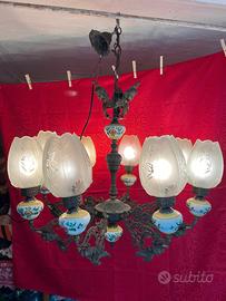 Lampadario vintage 8 luci ceramica e ottone