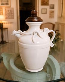 Grande vaso ceramica bianca con coperchio in legno