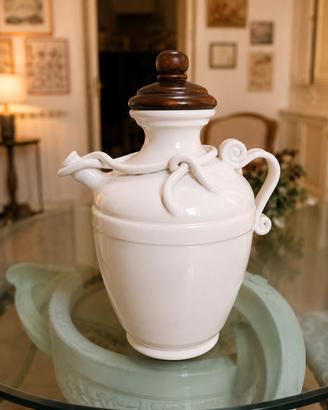 Grande vaso ceramica bianca con coperchio in legno