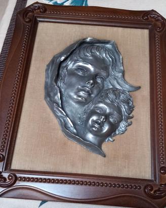 Madonnina in peltro cornice legno 40x33