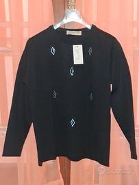 Maglia Donna Misto Lana Nera Motivi Strass a Rombi