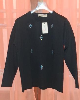 Maglia Donna Misto Lana Nera Motivi Strass a Rombi
