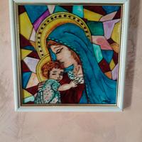 Vecchio quadro dipinto su vetro Madonna con Gesù 
