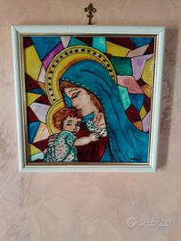 Vecchio quadro dipinto su vetro Madonna con Gesù 