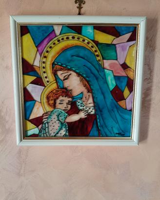 Vecchio quadro dipinto su vetro Madonna con Gesù 