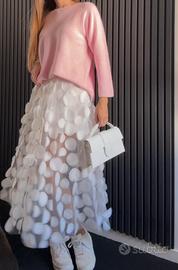 Gonna midi tulle 3D bianca con petali