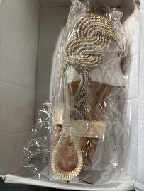 Sandali Bassi Crema/Oro con Perline e Strass