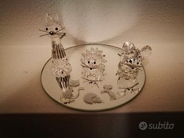 Swarovski topo, gatto e reccio con base a specchio