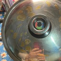 pentola in acciaio con foglie in oro 