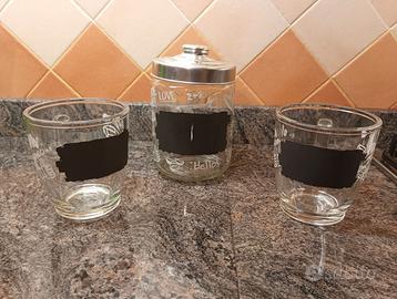 2 mug + barattolo caffè, in vetro e lavagna NUOVI!