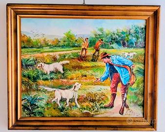 Quadro con cacciatore dipinto a mano su tela.