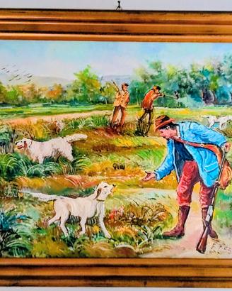 Quadro con cacciatore dipinto a mano su tela.