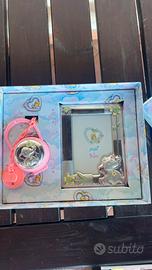 set cornice argento, pinza ciuccio e porta ciuccio