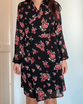 Abito avvolgente floreale – Nero con rose rosse