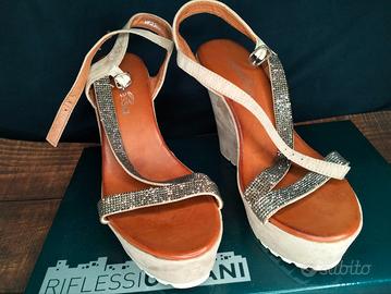Sandali Zeppa Alta, Color Tortora e Strass 39